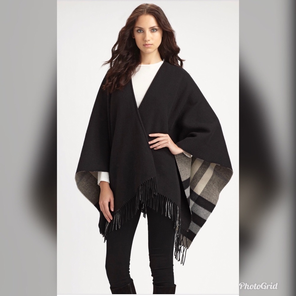 Burberry Merino Wool Exploded Check Fringe Cape - Picture 1 of 8